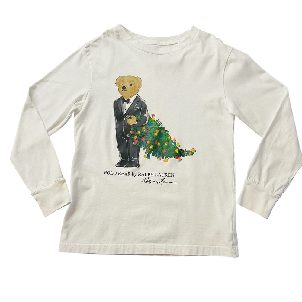 Ralph Lauren Kids White Long Sleeve Tee with Bear Graphic Size 8
